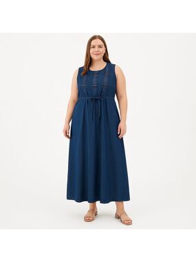 Vintage 90s Sleeveless Denim Maxi Dress Pleated Embroidered 100% Cotton Boho, 14